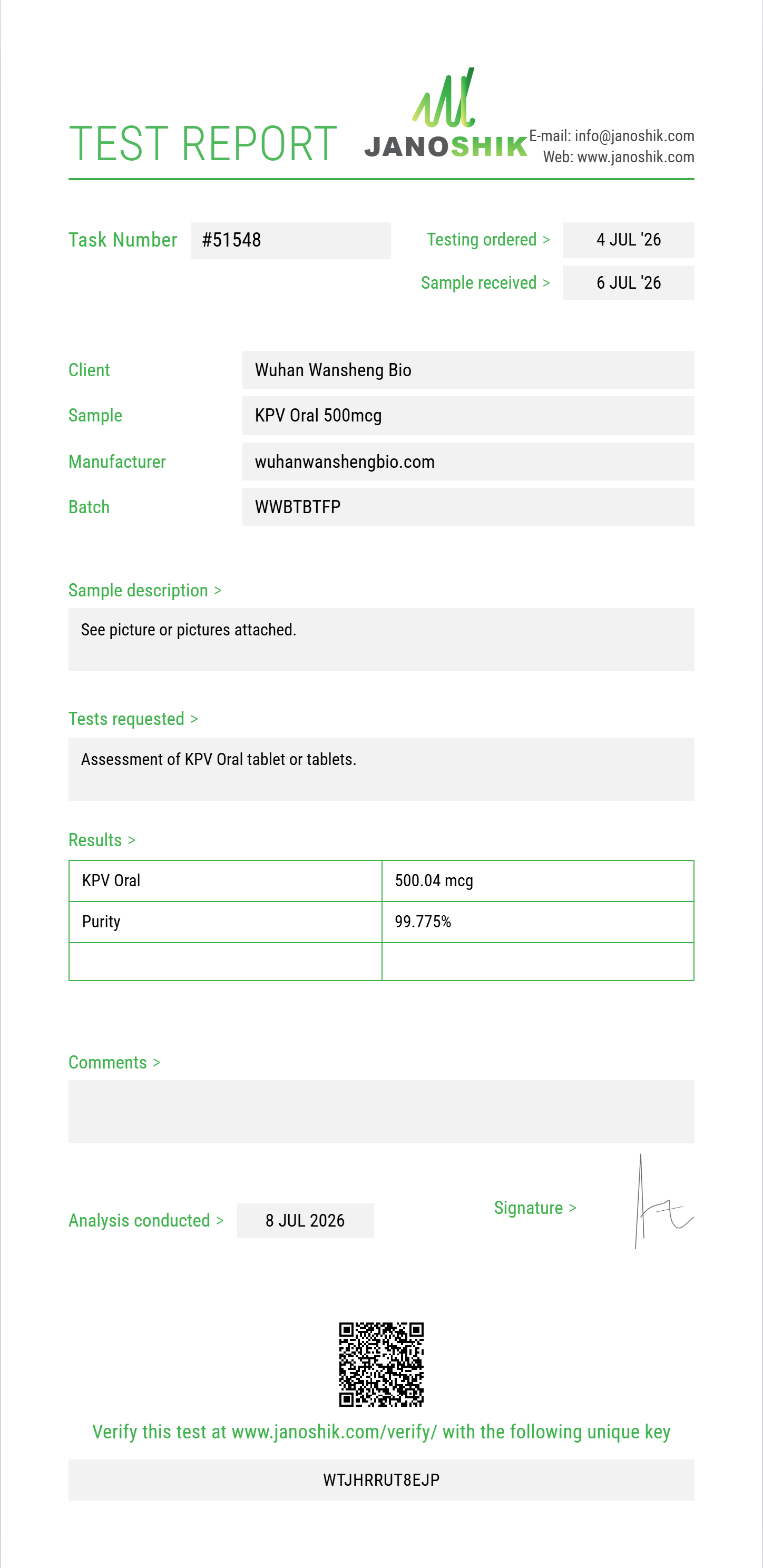 KPV Oral Purity (HPLC) report by Janoshik Analytical