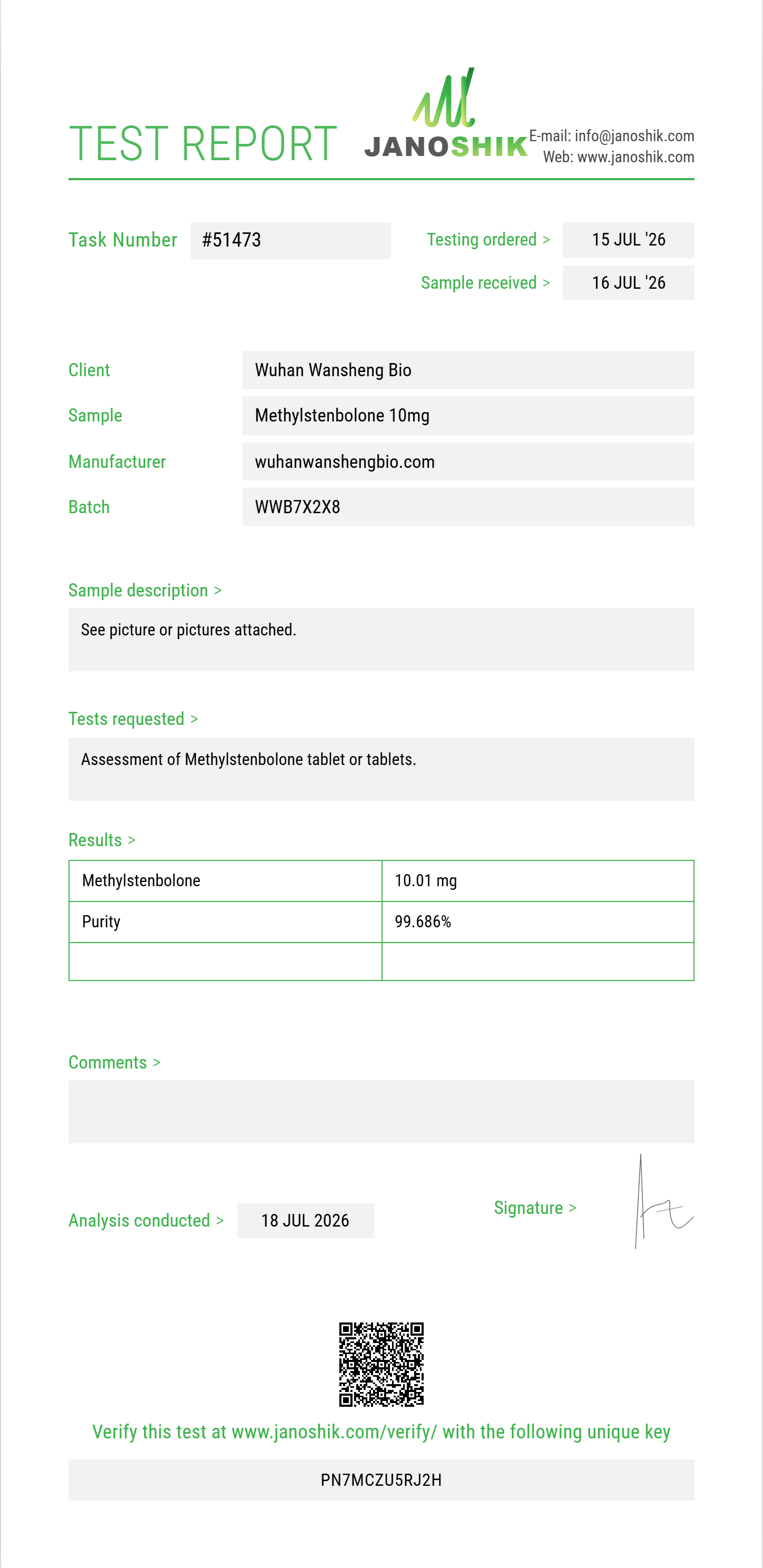 Methylstenbolone Purity (HPLC) report by Janoshik Analytical