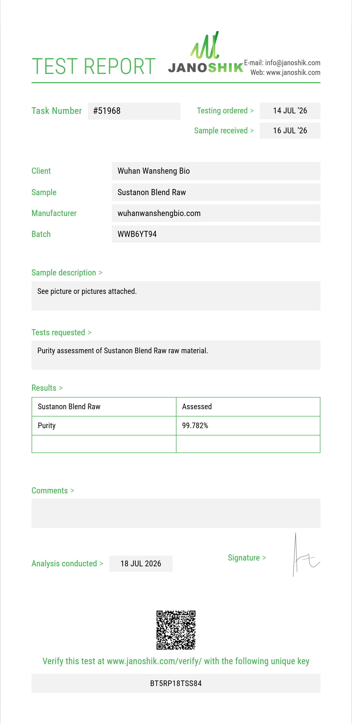 Sustanon Blend Raw Purity (HPLC) report by Janoshik Analytical