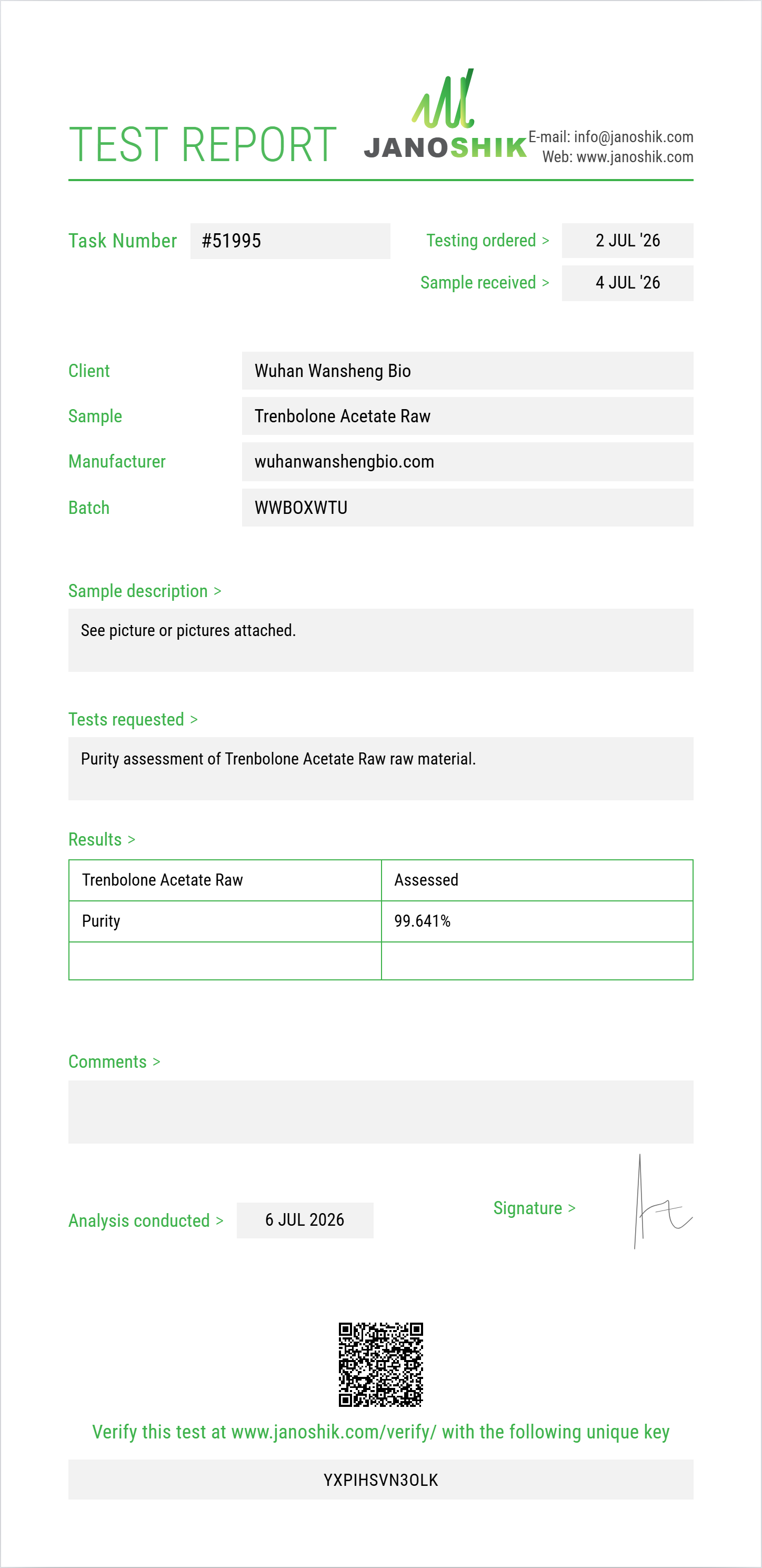 Trenbolone Acetate Raw Purity (HPLC) report by Janoshik Analytical