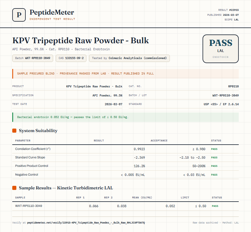 KPV Tripeptide Raw Powder - Bulk Endotoxin report by PeptideMeter