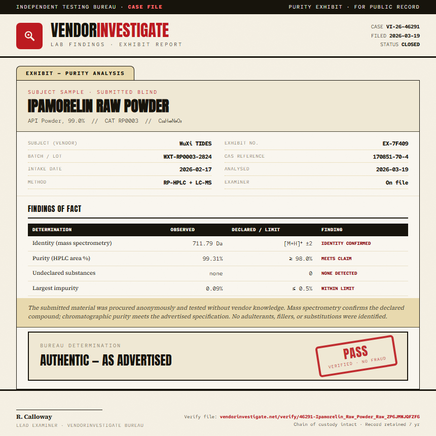 Ipamorelin Raw Powder Purity (HPLC) report by VendorInvestigate